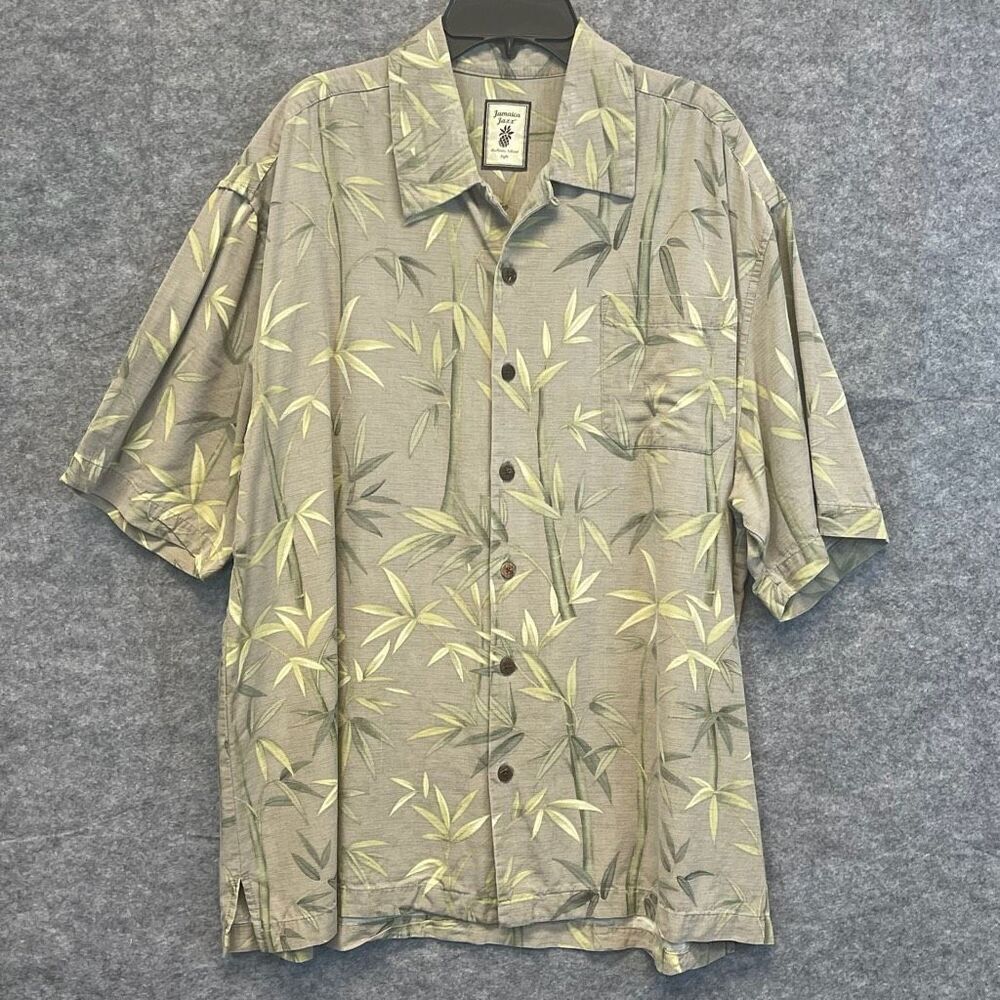 JAMAICA JAXX 100% Silk Hawaiian Shirt Mens Large‎ Gray Bamboo Tropical Print